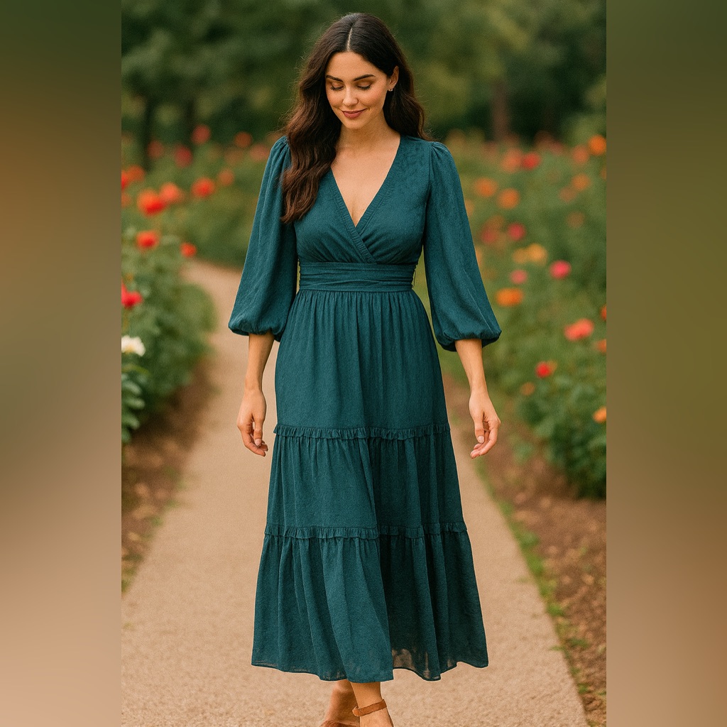 Nwt Max Studio Dress Sz S Marine Green Long Sleeve Maxi Jacquard Satin Tiered